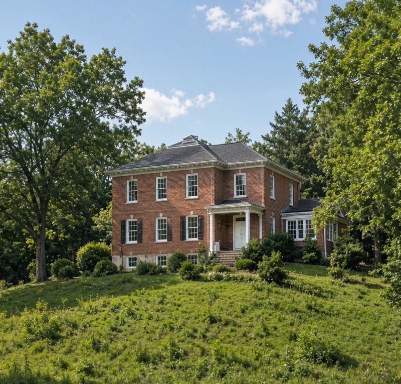 Two Story Brick Mansion on a grassy hill